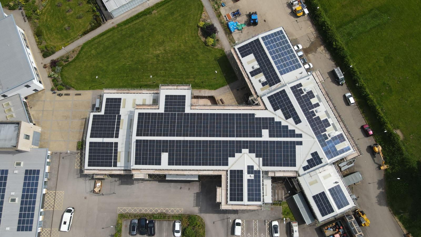 Aerial view of the solar array across the Grafton Building at Brooksby College