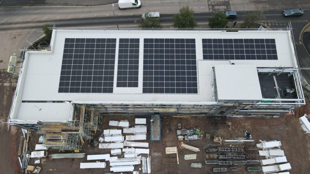 Rooftop solar array on a dock building at Exploration Drive, Leicester