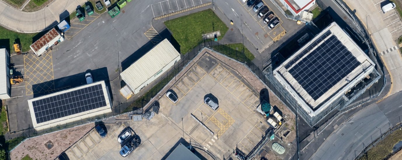 Aerial view of rooftop solar PV at the Shell Fuel Depot, Shell Haven Terminal